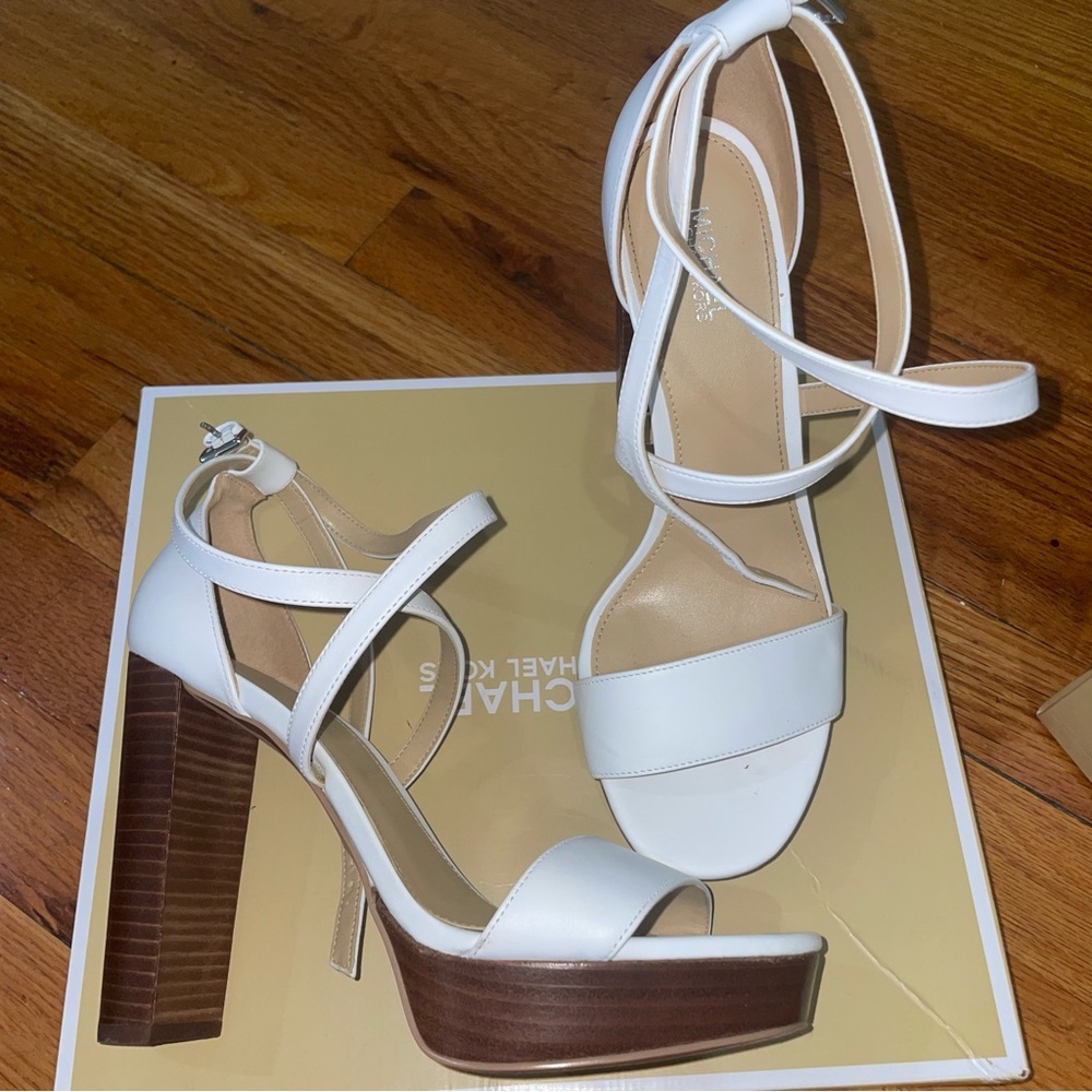 Michael Kors Charlize White Strappy Block Heel Sandals
